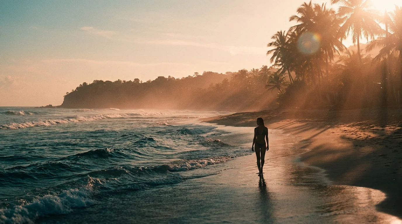 Swimmer walking along the shoreline at sunset
